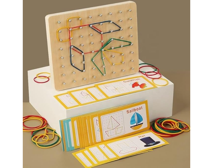 Wooden Geoboard Educational Toy with Rubber Bands, 54 Pattern Cards - Image 2