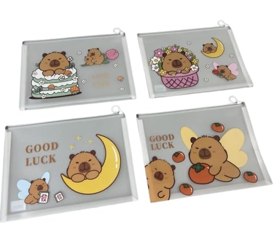 Cute Bear Good Luck Transparent Zipper Pouch Set, Decorative Storage Bags with Moon and Floral Design