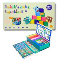 Rubik's Cube Logic Block Puzzle Game, Educational Toy for Kids 36+ Months, Wooden Building Blocks with Animal Face Cards