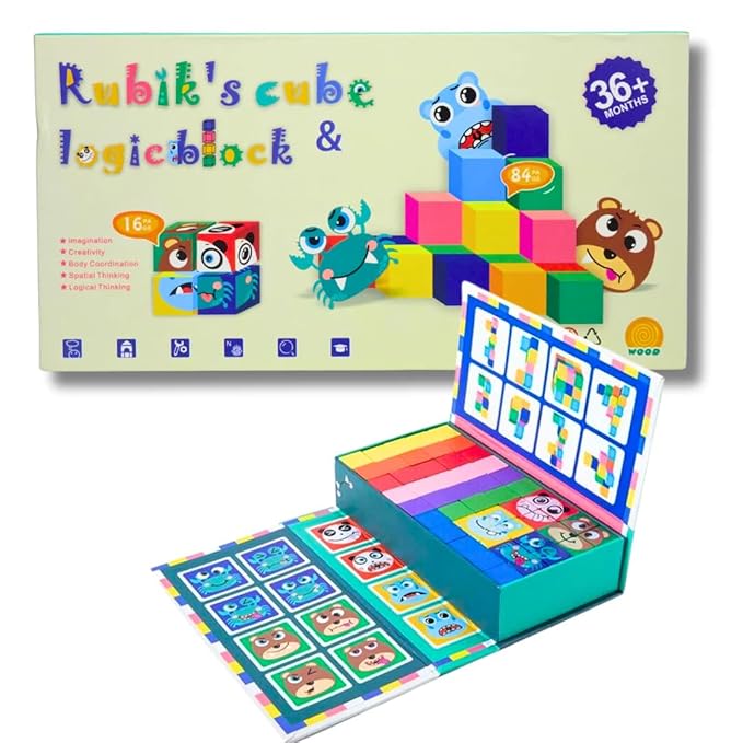 Rubik's Cube Logic Block Puzzle Game, Educational Toy for Kids 36+ Months, Wooden Building Blocks with Animal Face Cards