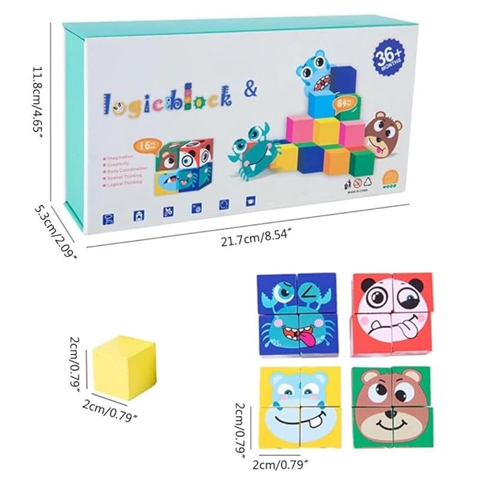 Rubik's Cube Logic Block Puzzle Game, Educational Toy for Kids 36+ Months, Wooden Building Blocks with Animal Face Cards - Image 2