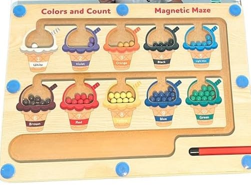 Ice Cream Magnetic Maze Educational Toy, Colors and Count Learning Board, Wooden Puzzle Game for Kids