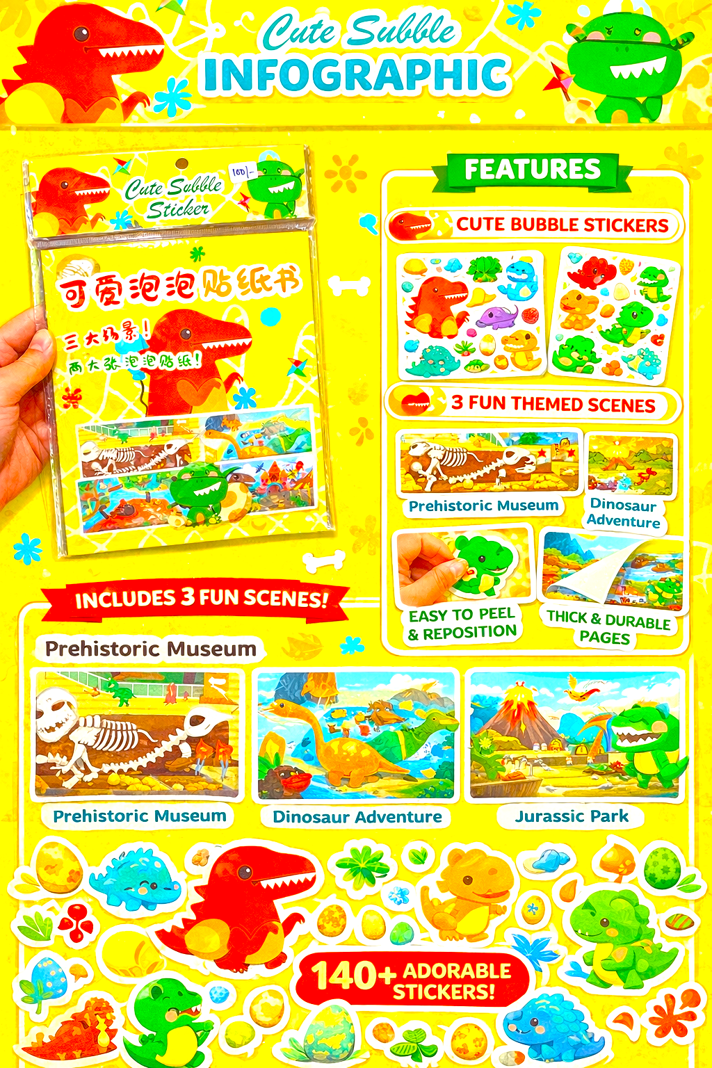 Cute Bubble Sticker Book for Kids – Dinosaur Theme | 3 Major Scenes & 2 Large Bubble Sticker Sheets | Educational Fun Activity Book - Image 2