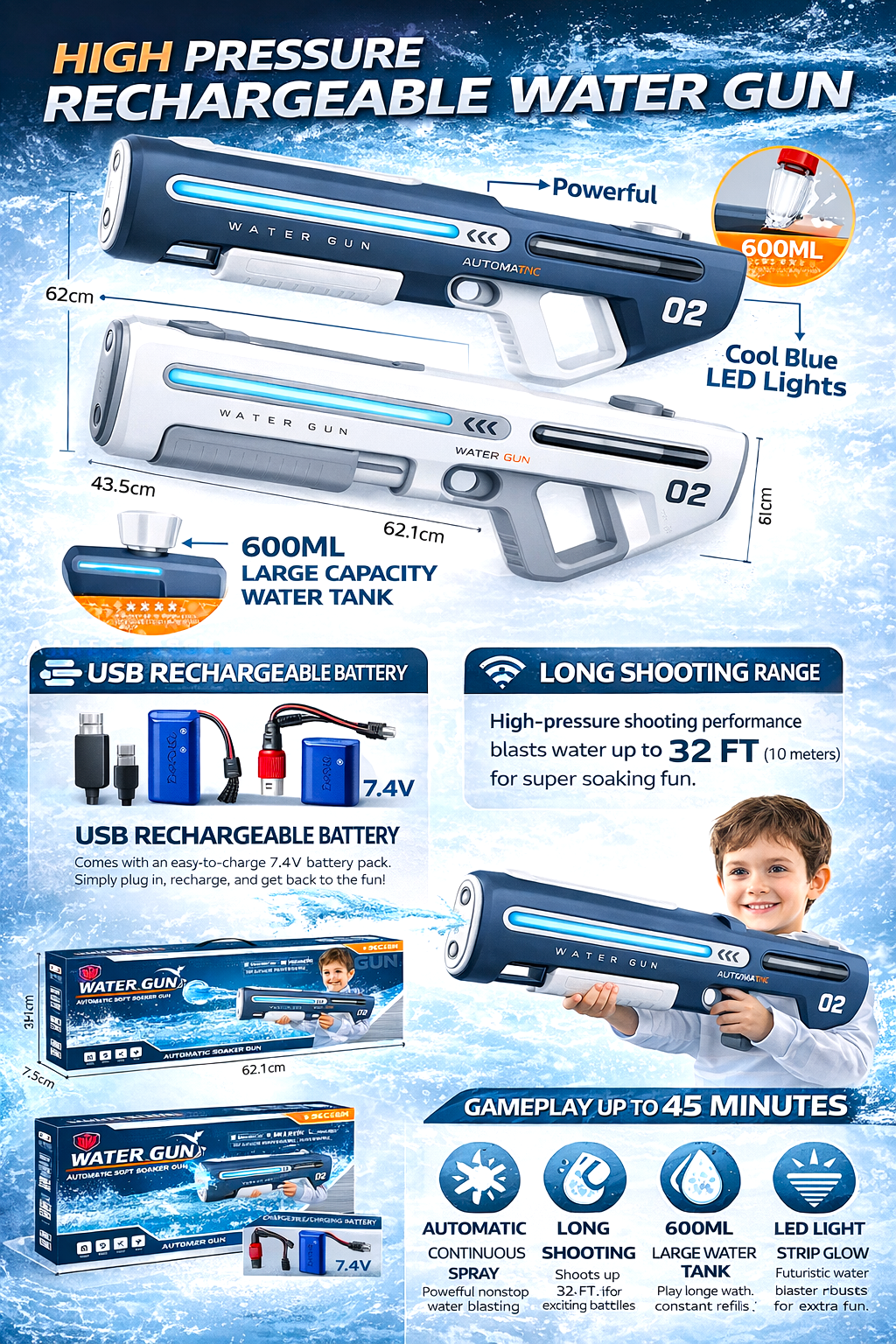 High Pressure Rechargeable Electric Water Gun Toy – Automatic Continuous Spray Water Blaster with 600ML Tank, LED Light, USB Charging & Long Range for Kids Outdoor Summer Pool Fun - Image 2