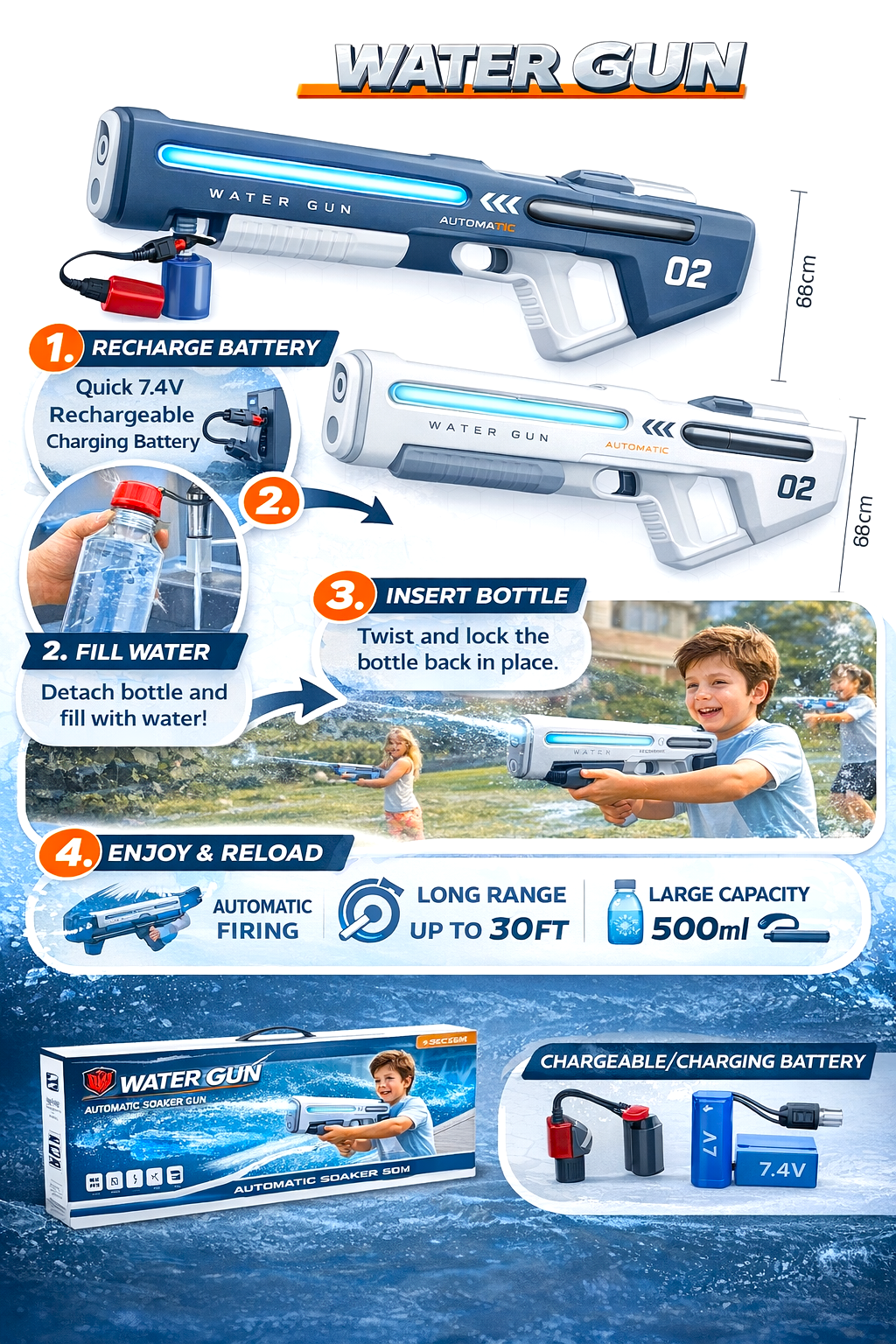 High Pressure Rechargeable Electric Water Gun Toy – Automatic Continuous Spray Water Blaster with 600ML Tank, LED Light, USB Charging & Long Range for Kids Outdoor Summer Pool Fun - Image 3