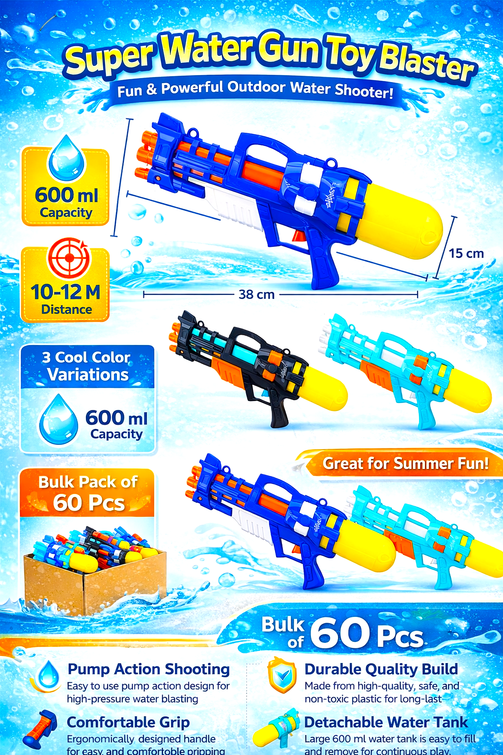Kids Super Water Gun Toy Blaster | 600ml Pump Action Water Shooter | Long Range 10–12m | Bulk Pack of 60 Pieces - Image 2
