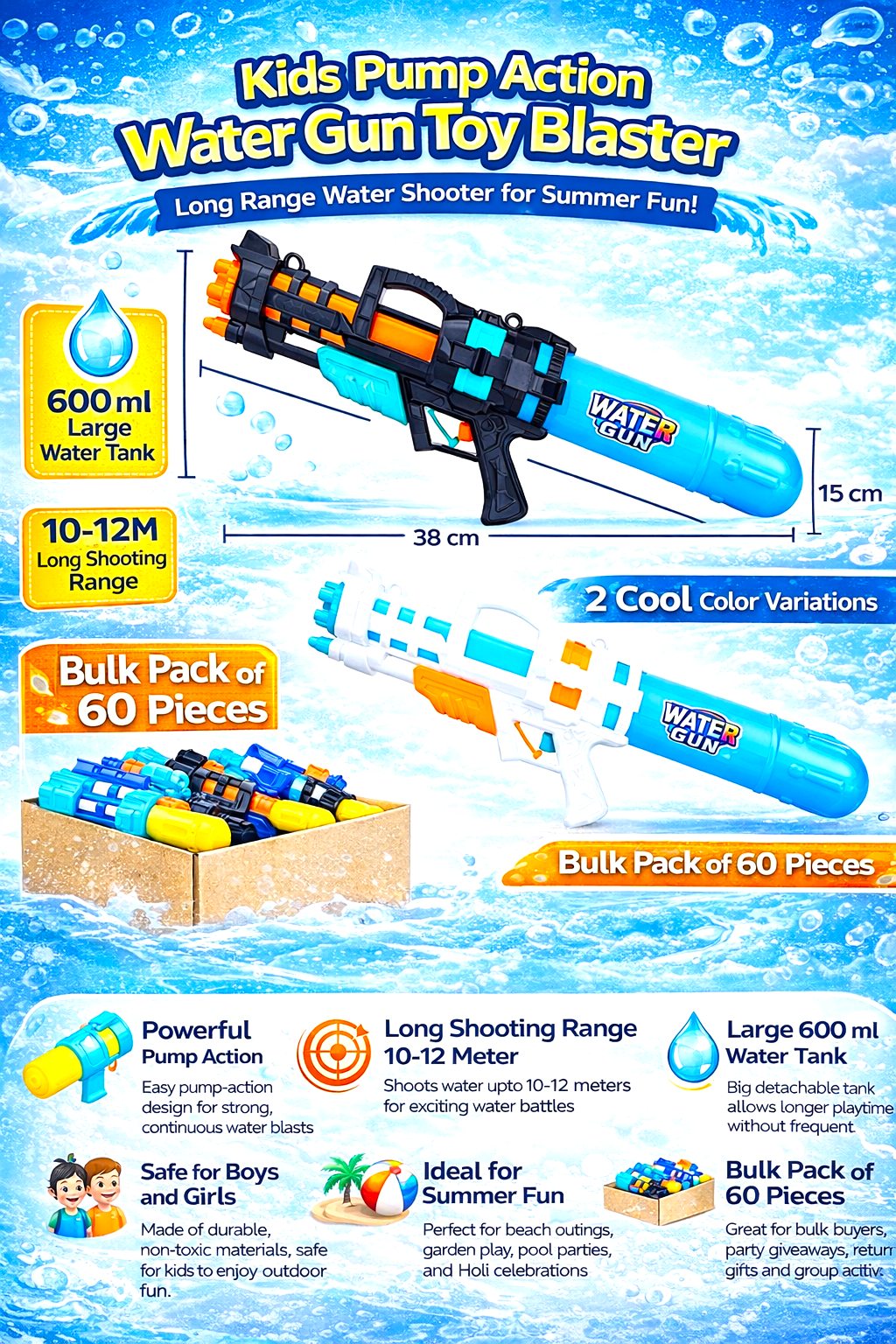 Summer Water Shooter Pichkari Gun for Boys & Girls | 600ml Capacity | Bulk Wholesale Pack - Image 2