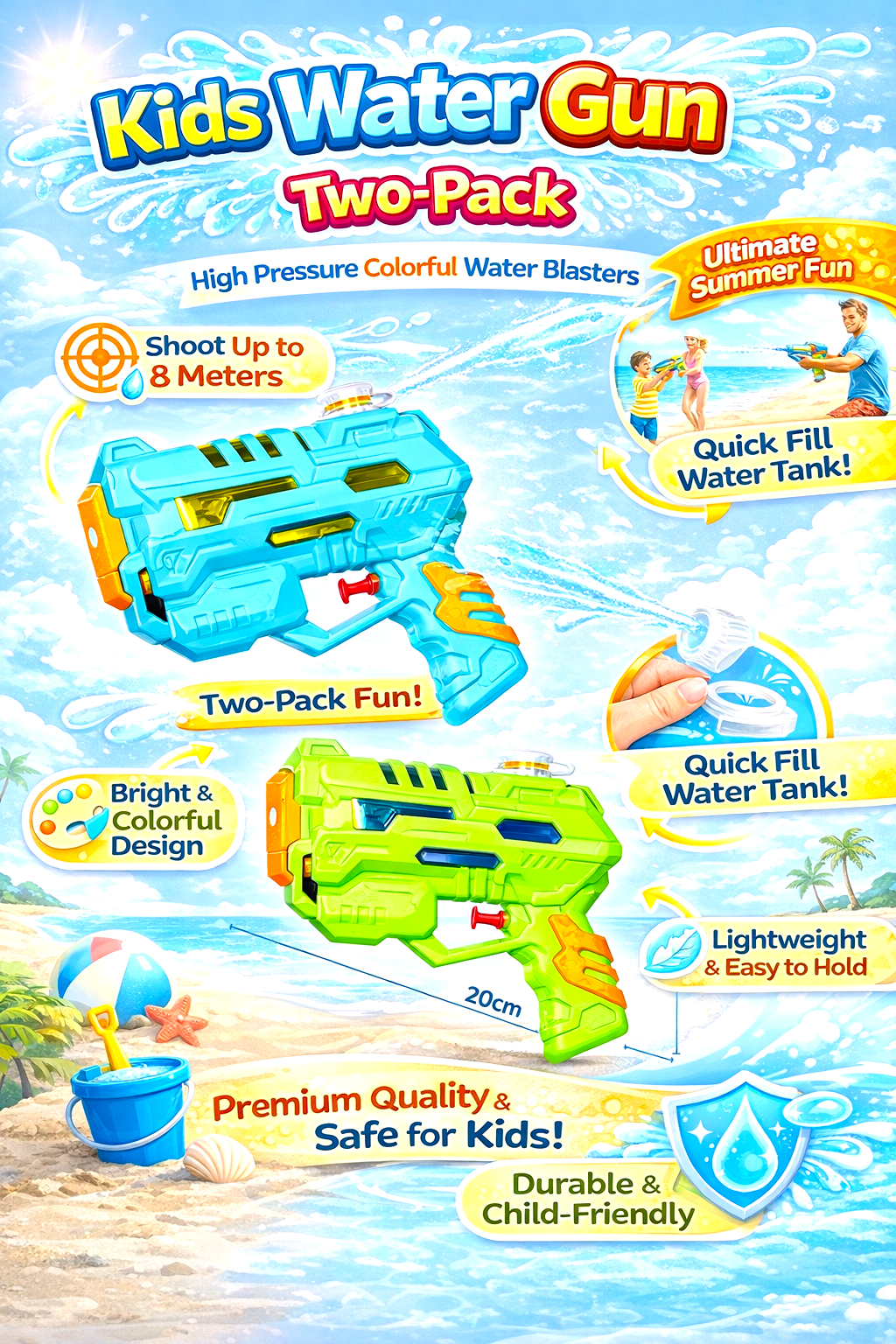 High Pressure Kids Water Gun Two-Pack – Colorful Quick Fill Water Blaster Toy Set for Summer Pool Party, Beach Games & Holi Outdoor Fun - Image 2