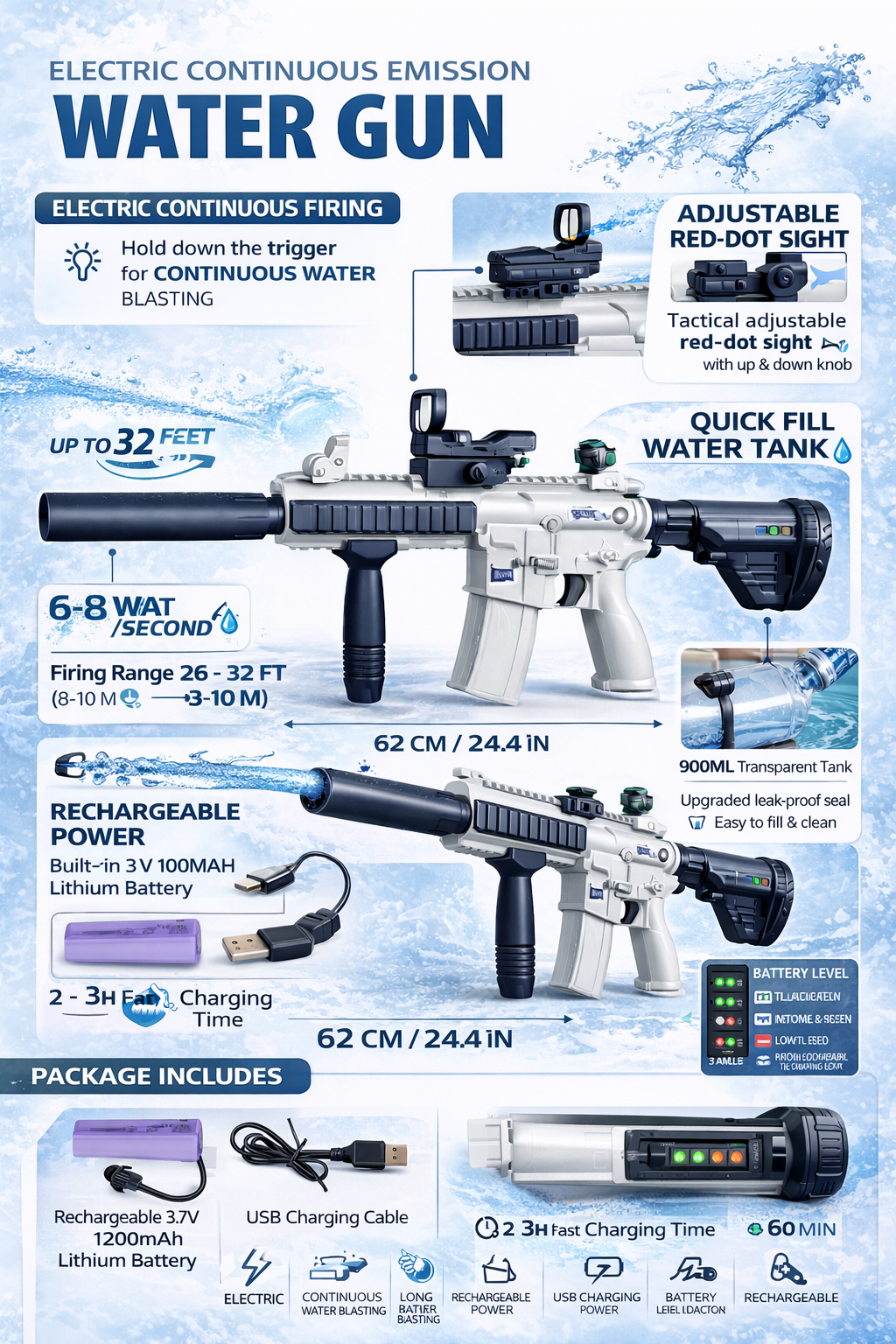 Electric Rechargeable Water Gun for Kids – Continuous Spray High Pressure Water Blaster with Li-Ion Battery for Summer Pool & Outdoor Fun - Image 3