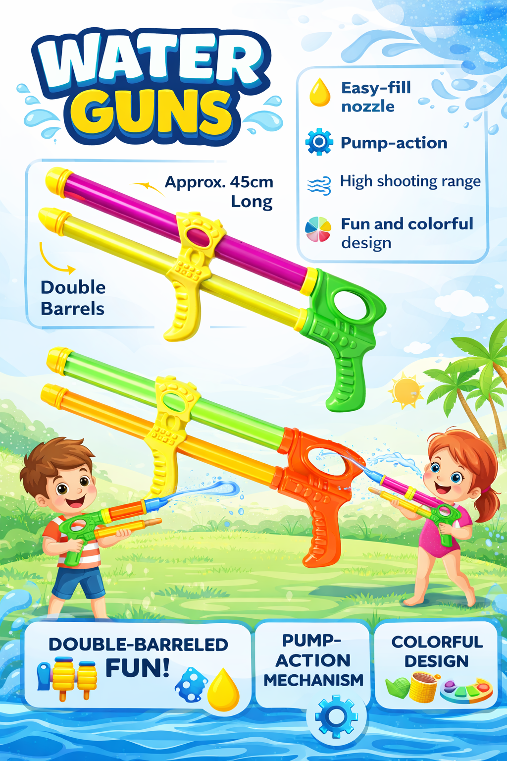 Double Barrel Water Gun – 45cm Pump Action High Pressure Water Blaster for Kids - Image 2