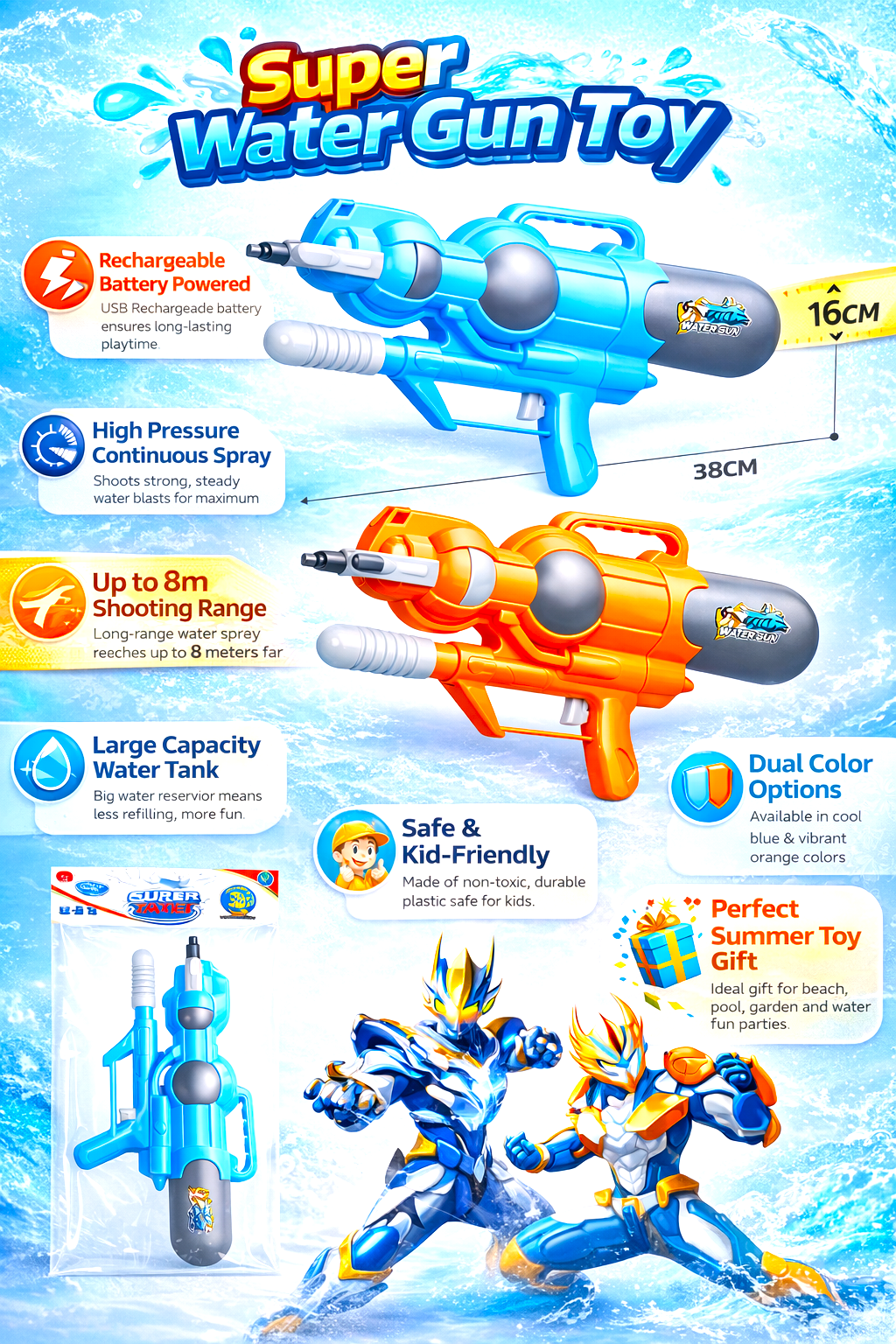 Kids Long Range Water Soaker Gun – High Power Outdoor Water Fight Toy for Pool, Beach & Summer Fun - Image 3