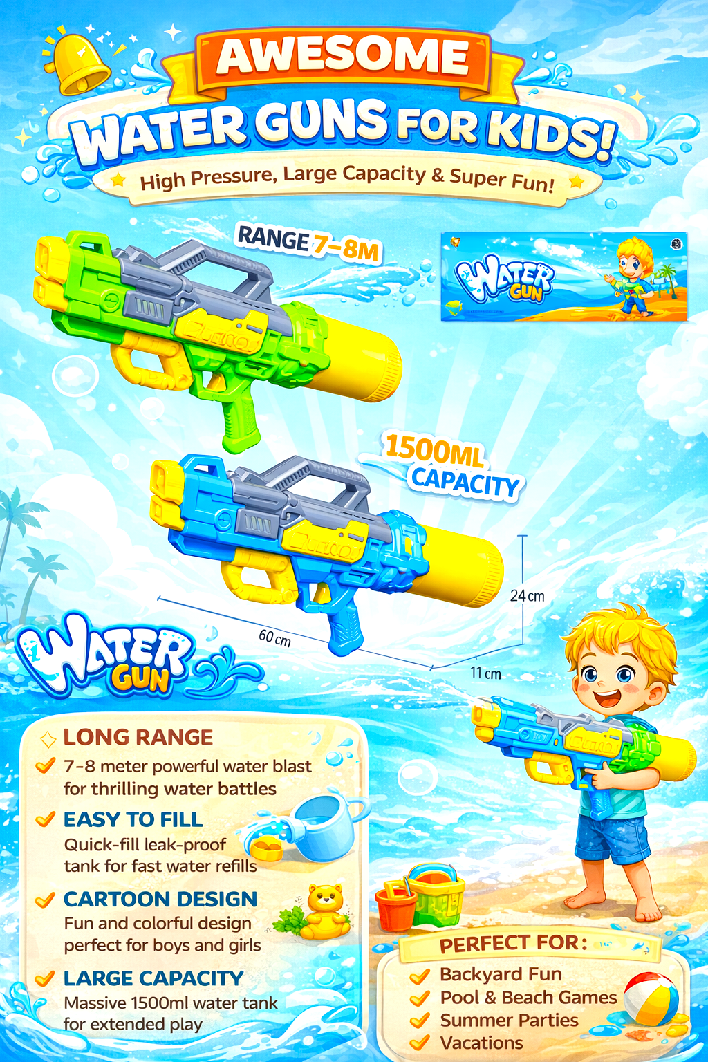 High Pressure Kids Water Gun Blaster – 1500ML Large Capacity Long Range Summer Water Shooter for Pool, Beach & Outdoor Play - Image 3