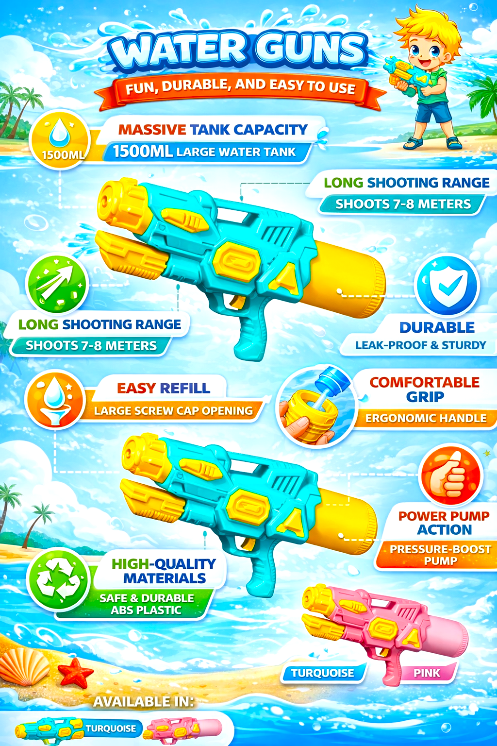 Kids High-Pressure Water Gun Toy – 1500ML Large Capacity Long Range Summer Water Blaster for Pool & Outdoor Play - Image 2