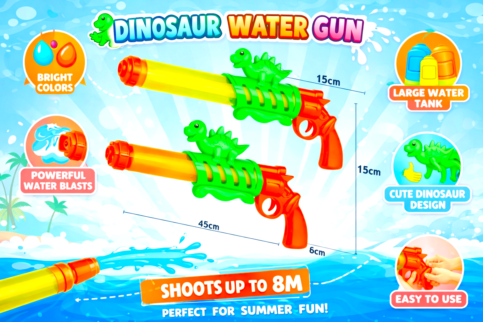 Dinosaur Water Gun for Kids – Long Range High Pressure Summer Water Blaster Toy - Image 2