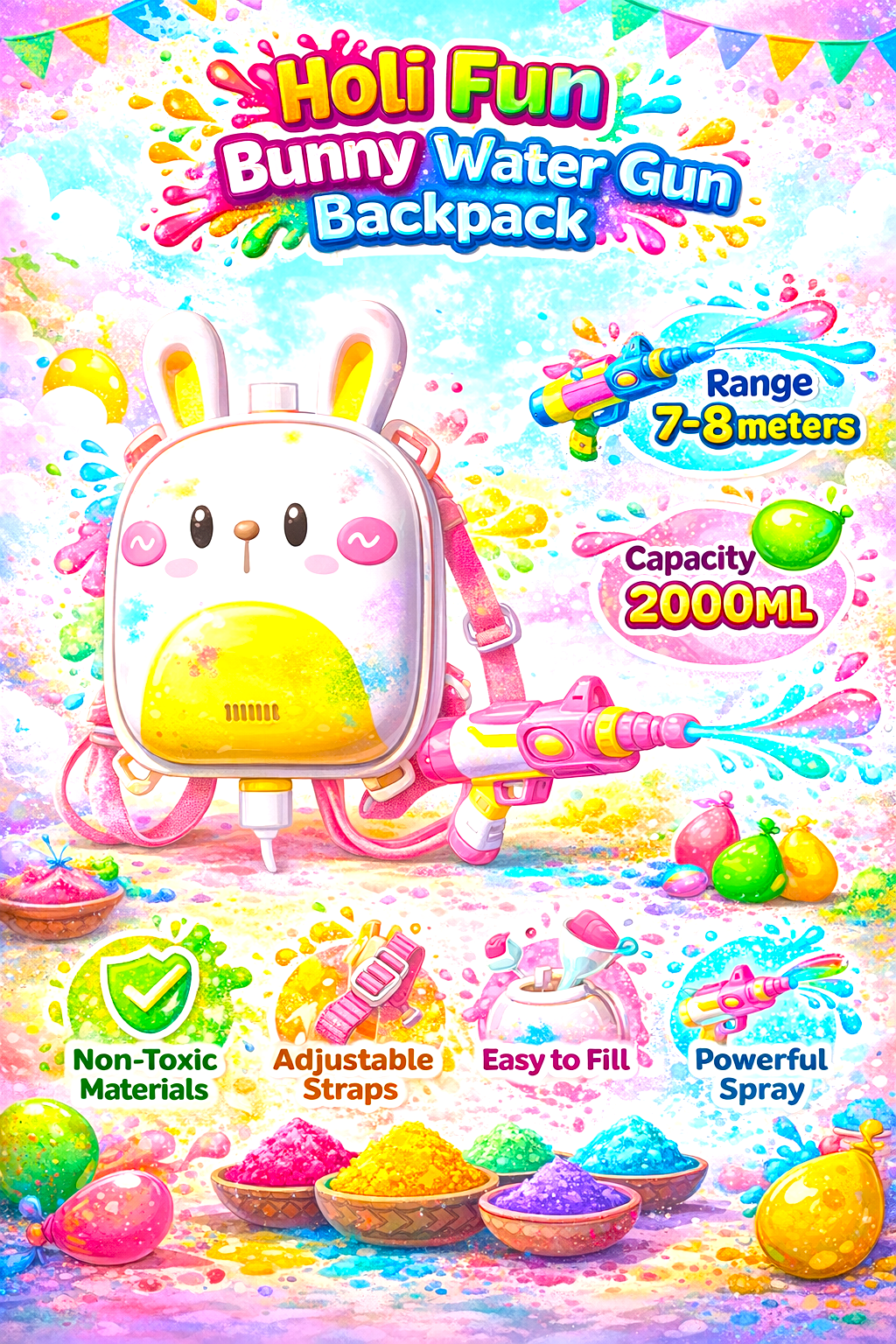 Kids Bunny Backpack Water Gun – 2000ML High Capacity Holi Water Blaster Toy with 7–8m Long Range Spray for Children Outdoor Summer Play - Image 2
