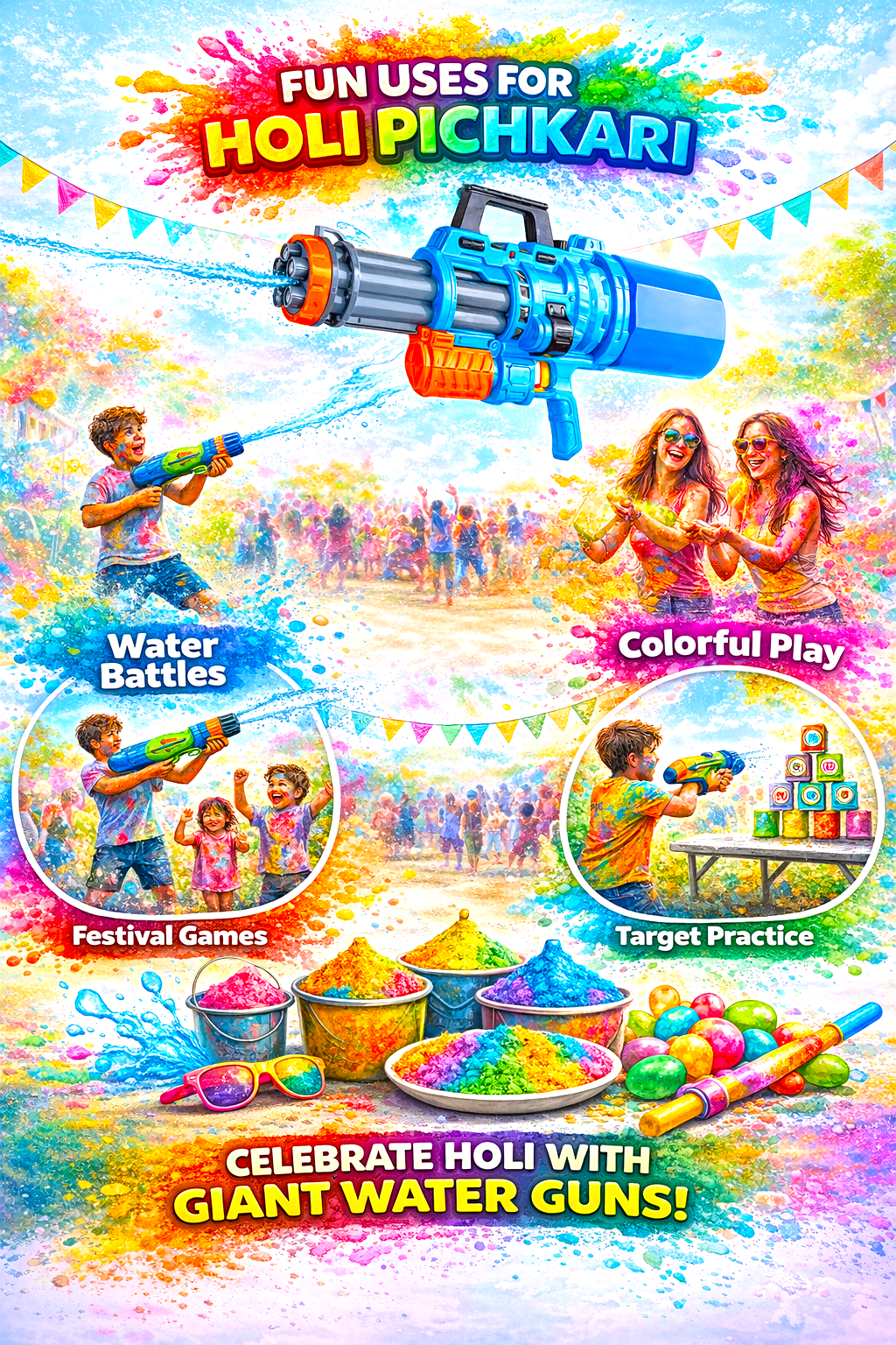 Kids Gatling Holi Pichkari Water Gun – High Pressure Multi-Nozzle Long Range Water Blaster with Large Capacity Tank for Holi Festival & Summer Outdoor Fun - Image 3