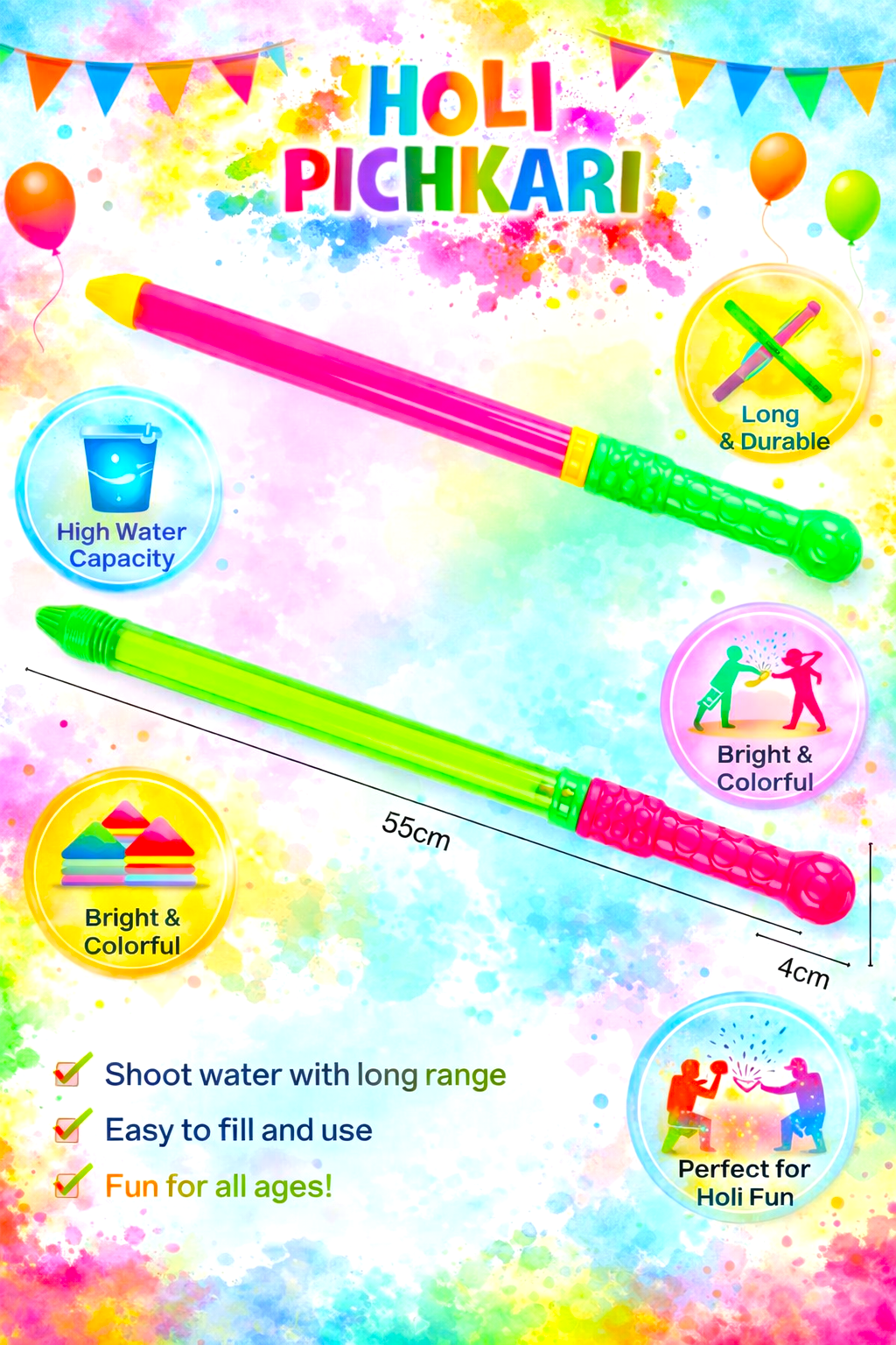 Holi Pichkari Long Range Water Gun for Kids & Adults – 55cm Colorful High Pressure Water Shooter Toy for Holi Festival Outdoor Fun - Image 3