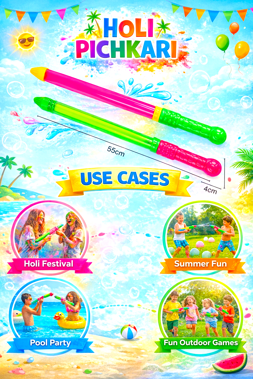 Holi Pichkari Long Range Water Gun for Kids & Adults – 55cm Colorful High Pressure Water Shooter Toy for Holi Festival Outdoor Fun - Image 2