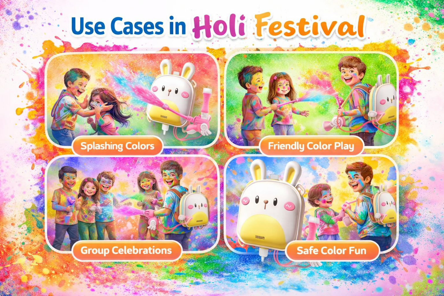 Kids Bunny Backpack Water Gun – 2000ML High Capacity Holi Water Blaster Toy with 7–8m Long Range Spray for Children Outdoor Summer Play - Image 3