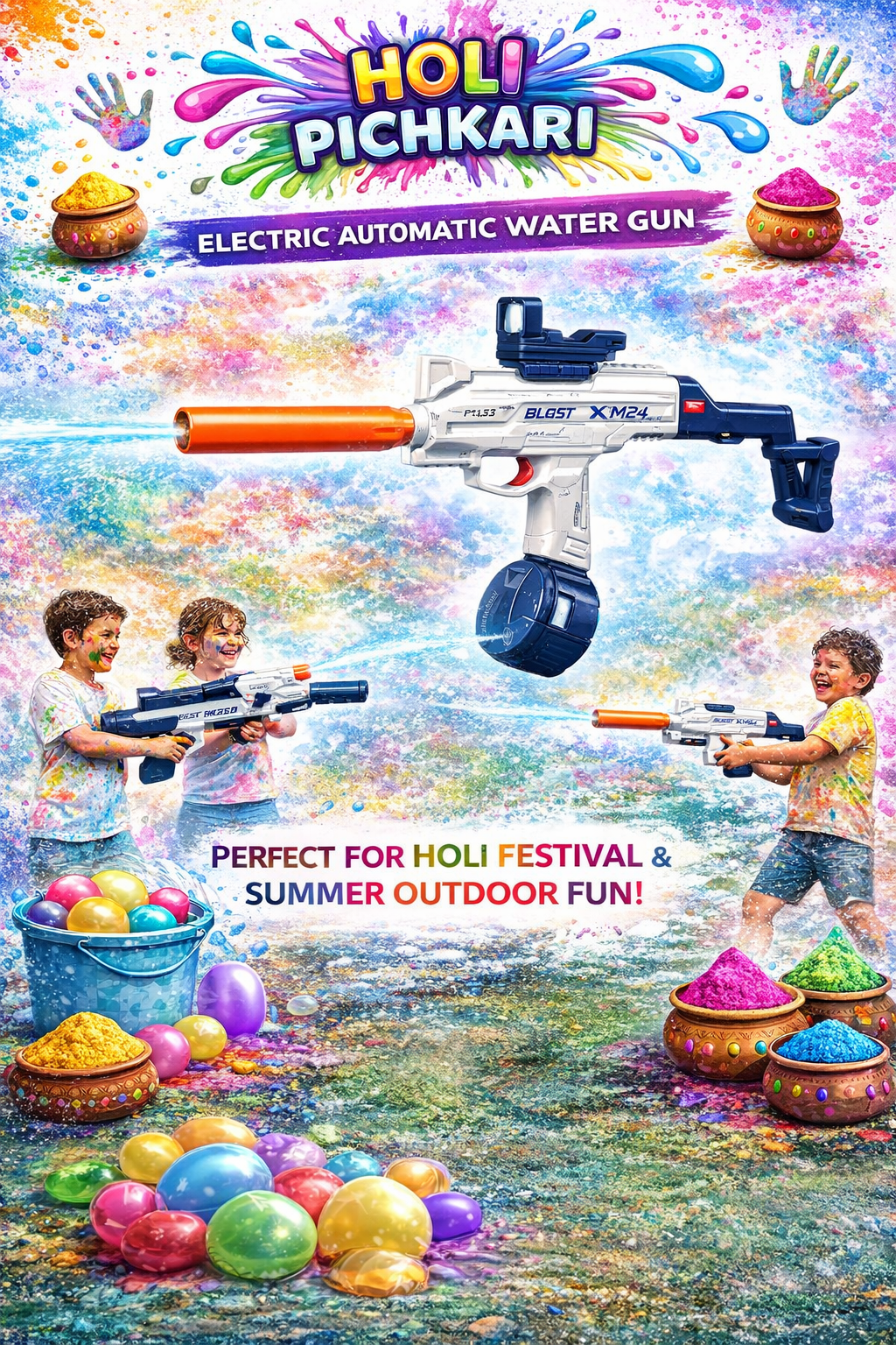Kids Electric Automatic Water Gun – Rechargeable Holi Pichkari High-Pressure Water Blaster Toy - Image 3