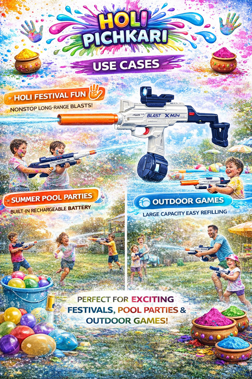 Kids Electric Automatic Water Gun – Rechargeable Holi Pichkari High-Pressure Water Blaster Toy - Image 2