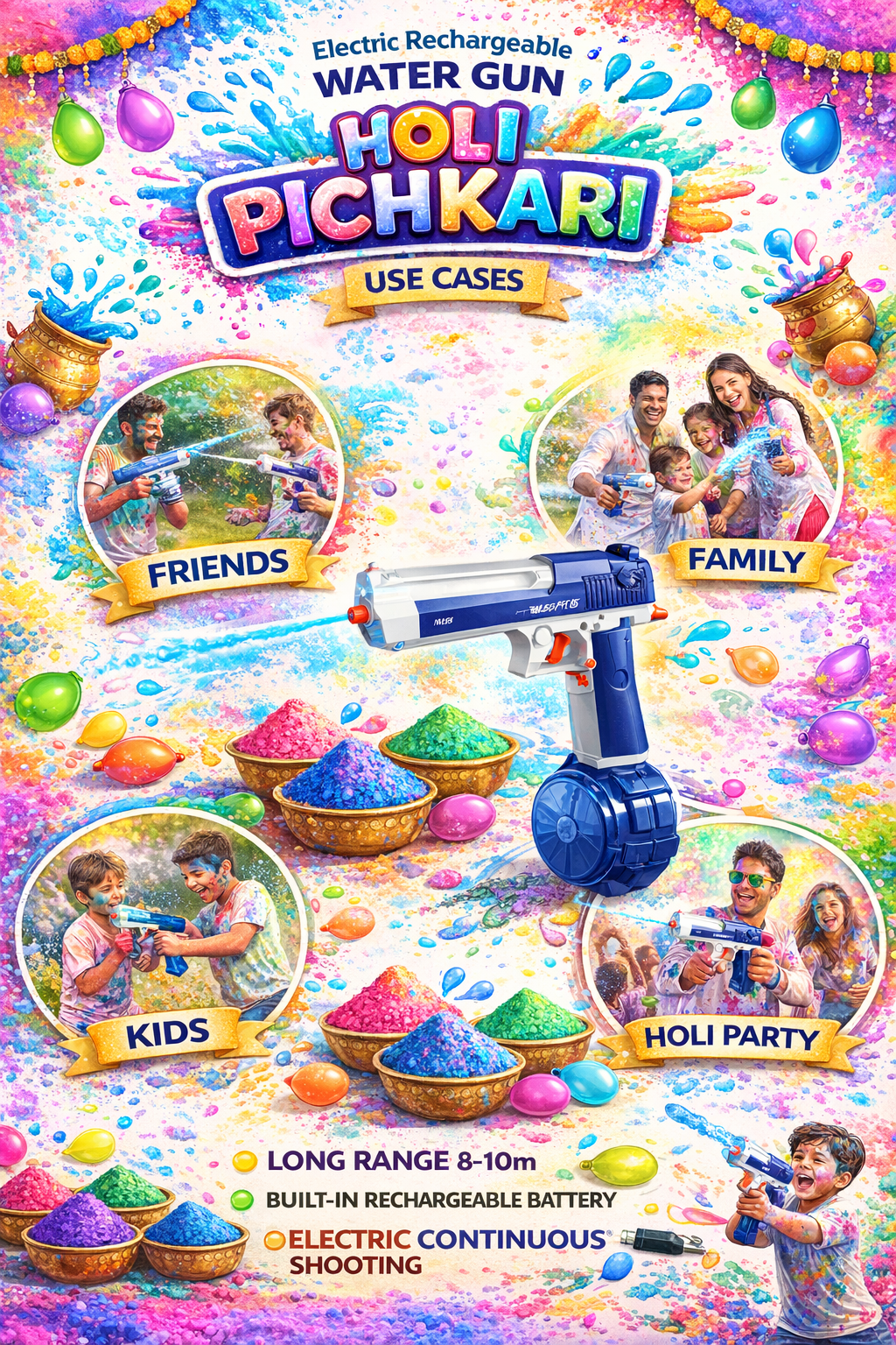 Electric Rechargeable Holi Pichkari Water Gun for Kids & Adults | High-Pressure Continuous Spray | Long Range Water Gun with Built-in Battery - Image 3