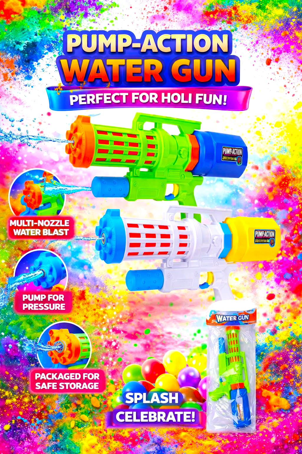 Holi Pichkari Pump Action Water Gun for Kids – Multi Nozzle Long Range Holi Water Blaster Toy - Image 3