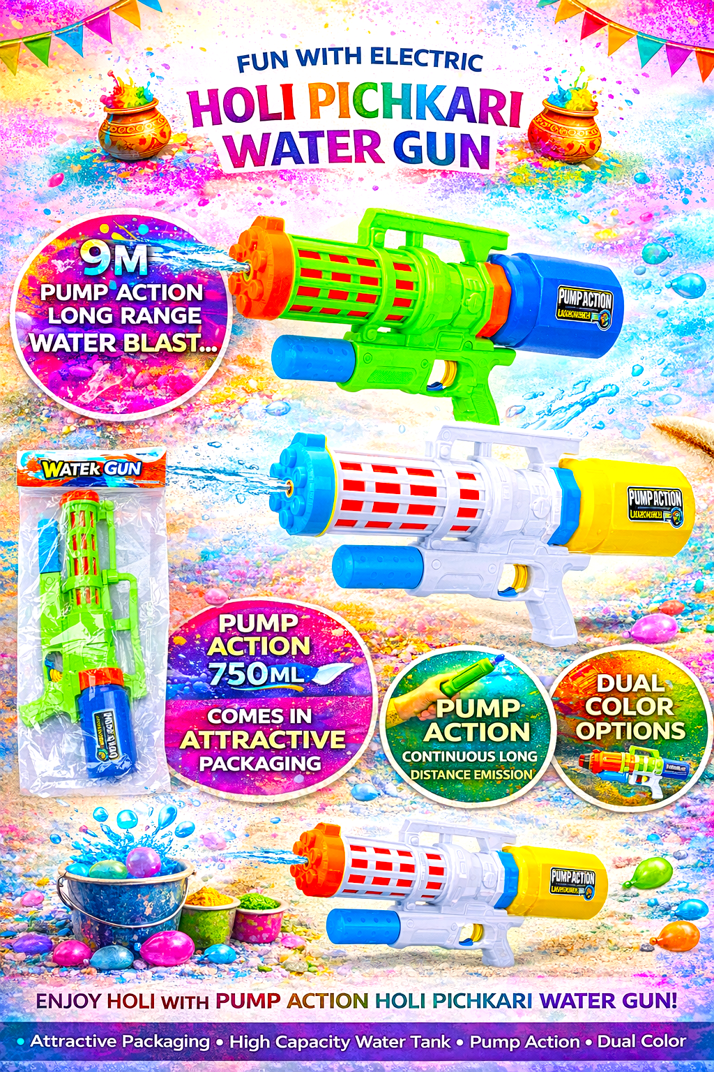 Holi Pichkari Pump Action Water Gun for Kids – Multi Nozzle Long Range Holi Water Blaster Toy - Image 2
