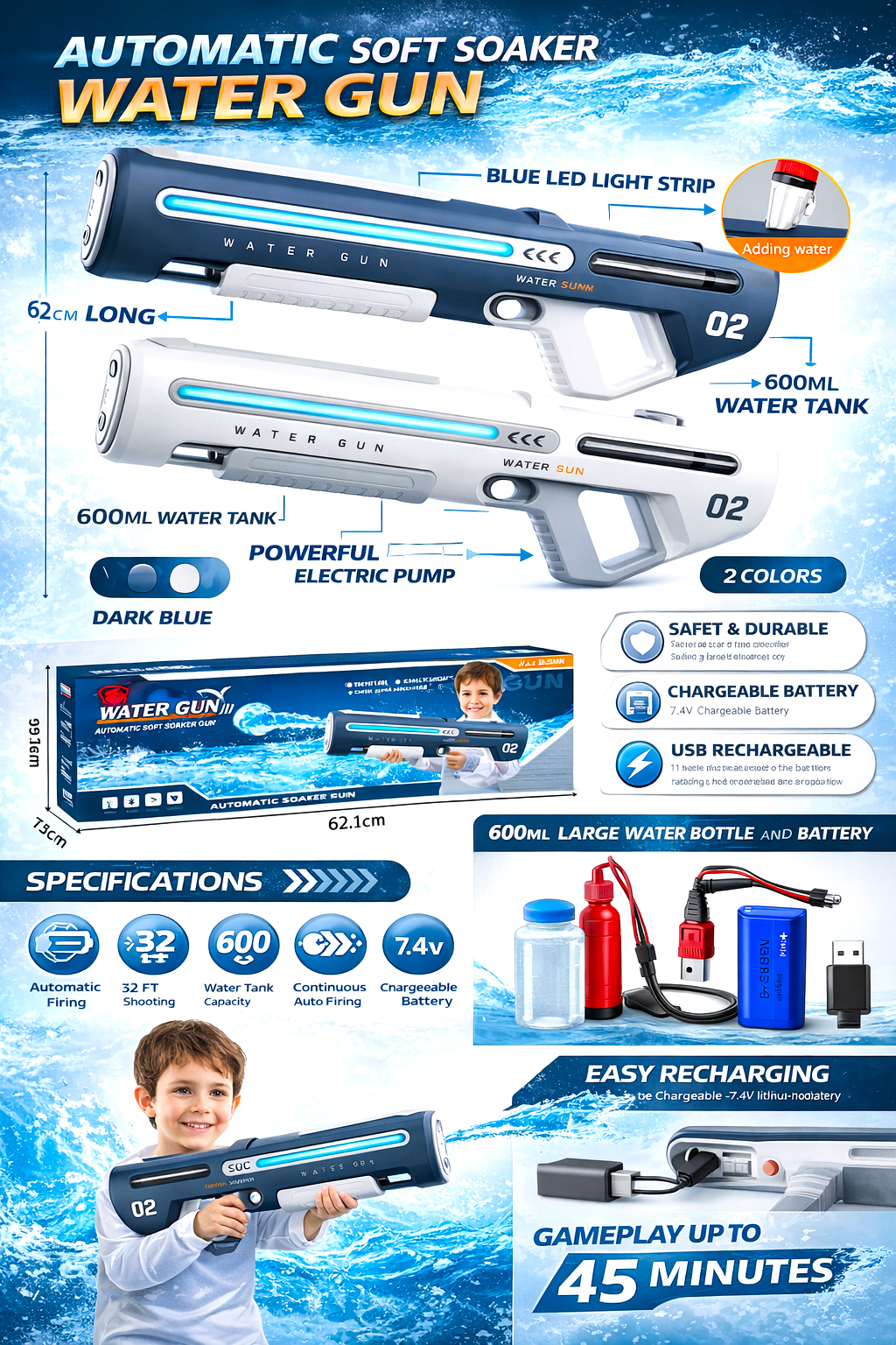 Electric Rechargeable Water Gun – 600ML Automatic High Pressure Water Blaster for Kids - Image 2