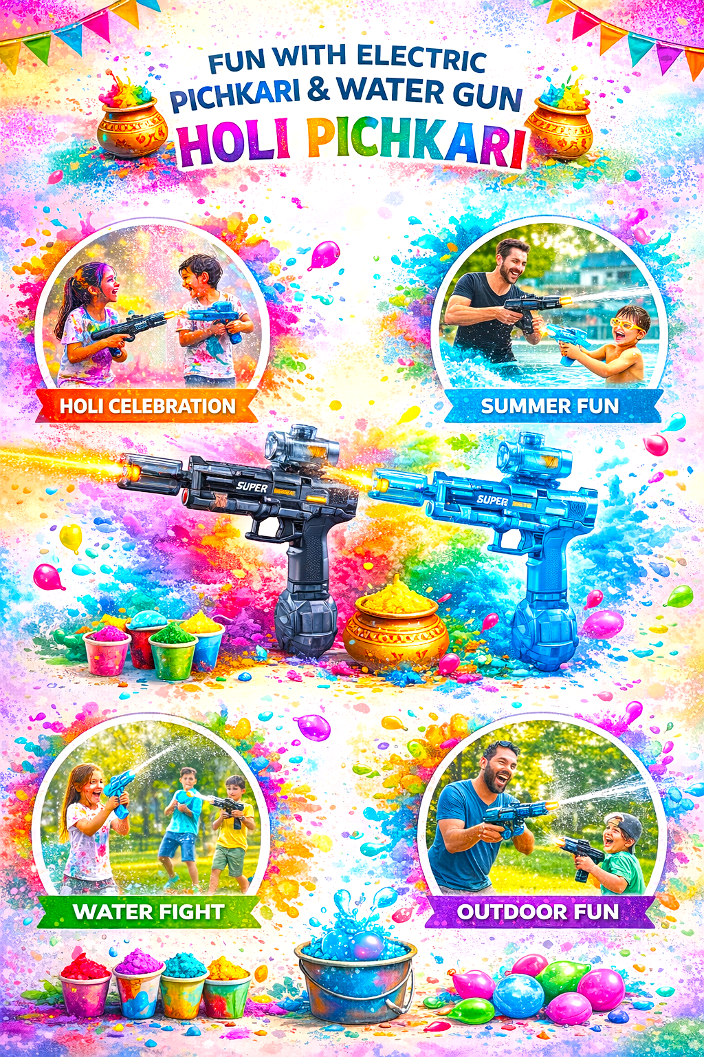 Electric Holi Pichkari Water Gun for Kids – Rechargeable Automatic High-Pressure Color Spray Blaster with USB Charging | Festival Outdoor Toy - Image 2