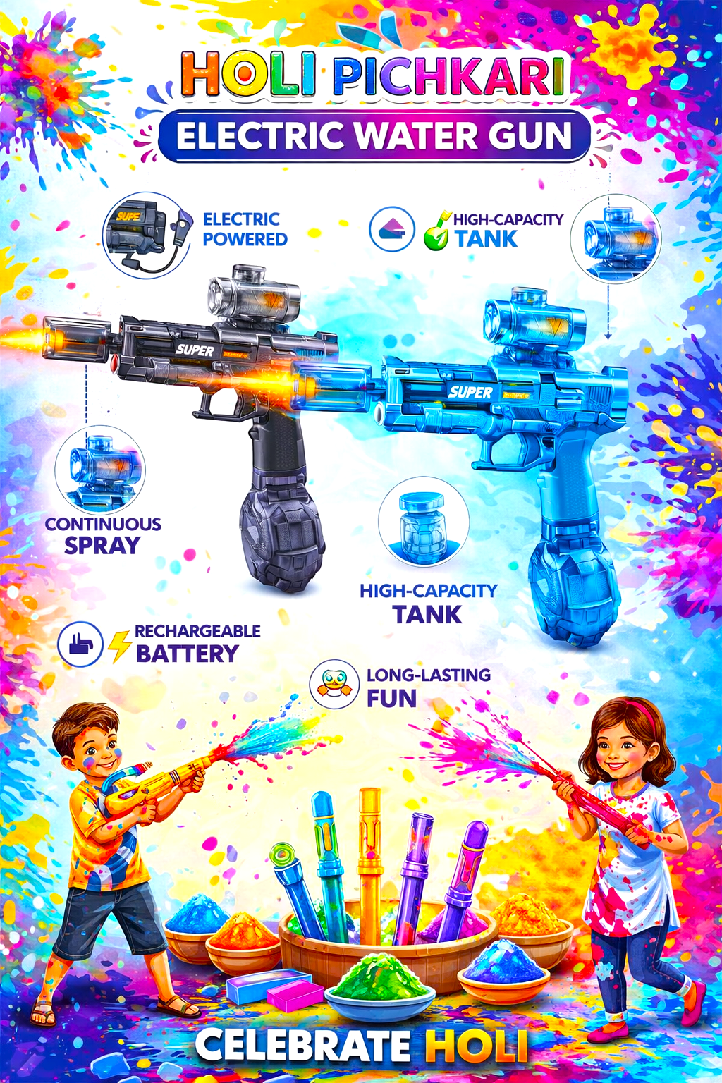 Electric Holi Pichkari Water Gun for Kids – Rechargeable Automatic High-Pressure Color Spray Blaster with USB Charging | Festival Outdoor Toy - Image 3