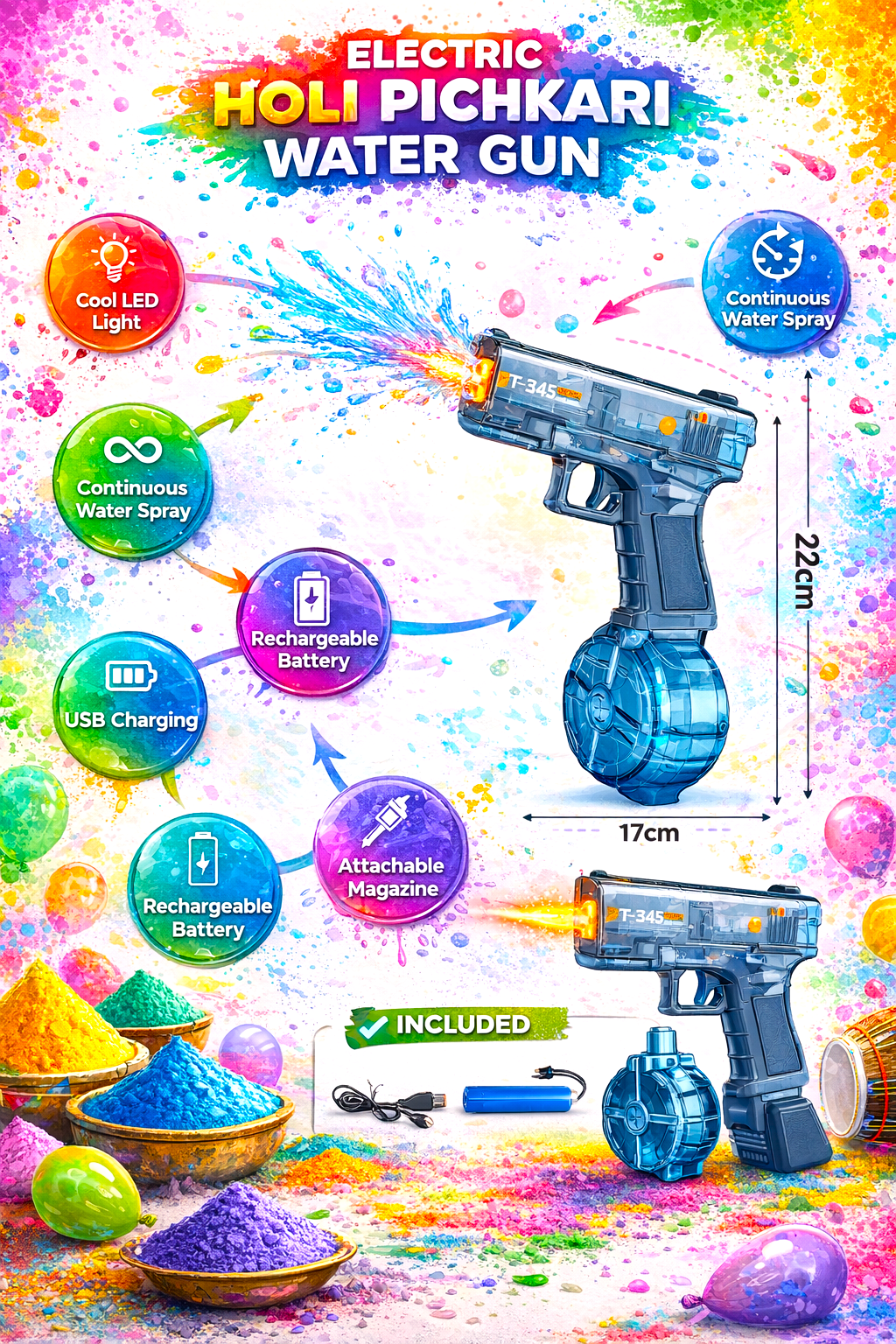 Holi Electric Water Gun Toy – Continuous Spray Rechargeable Pichkari - Image 2