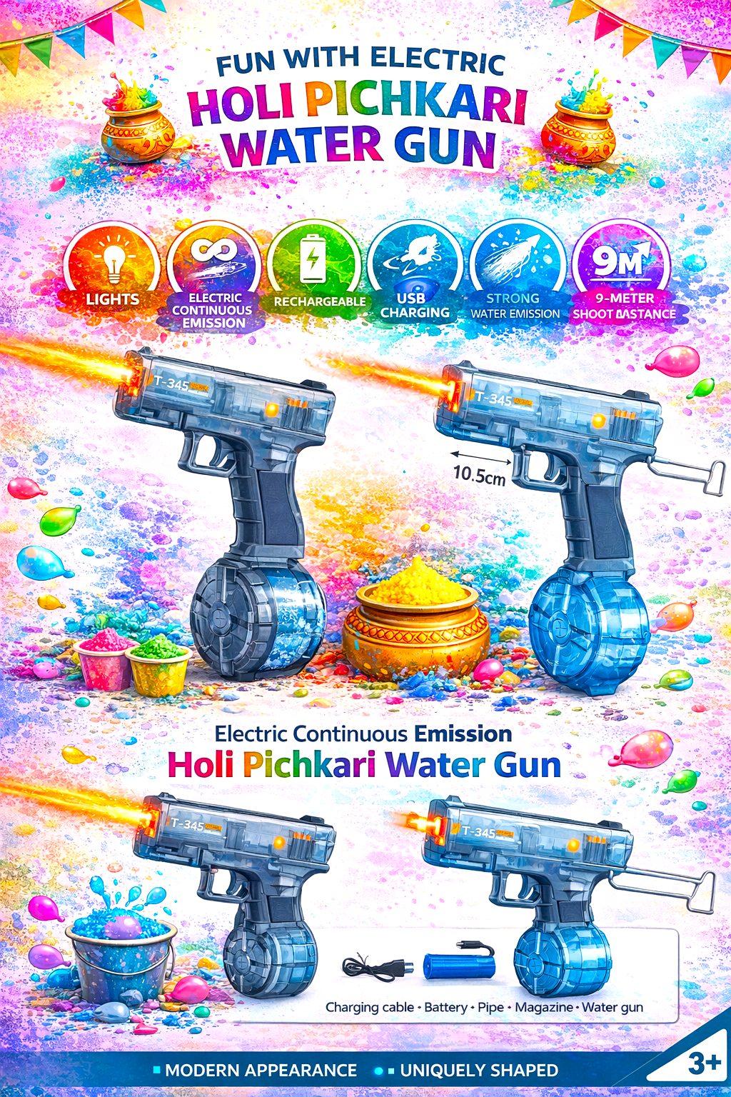 Holi Electric Water Gun Toy – Continuous Spray Rechargeable Pichkari - Image 3