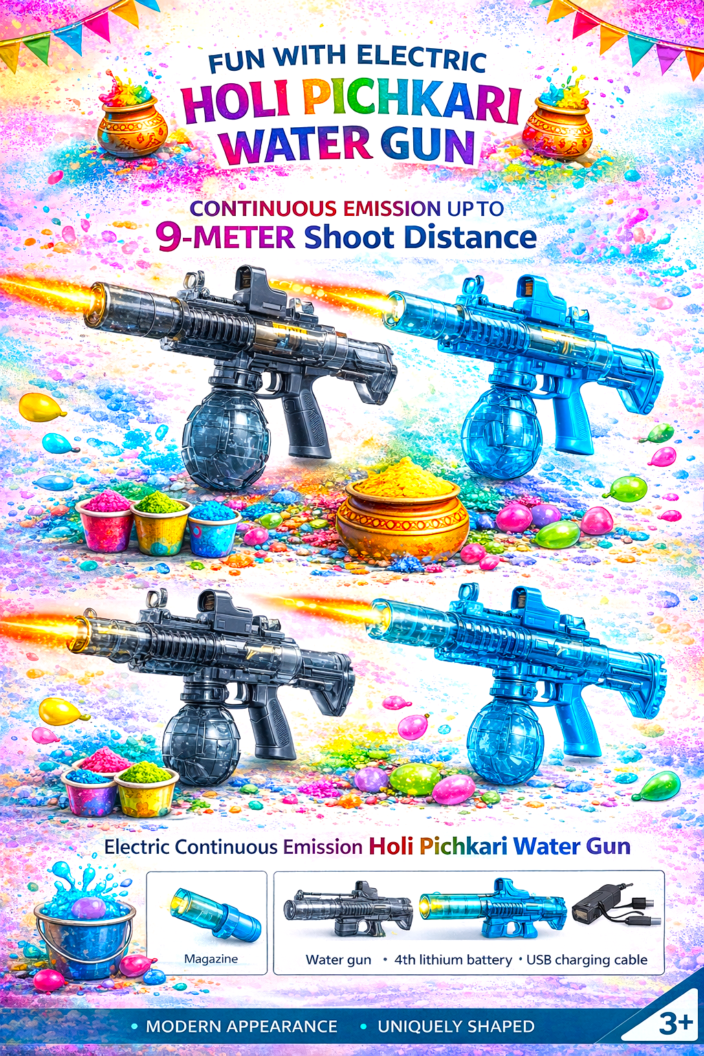 Holi Electric Rechargeable Pichkari Water Gun for Kids – High Pressure Continuous Spray Toy - Image 2
