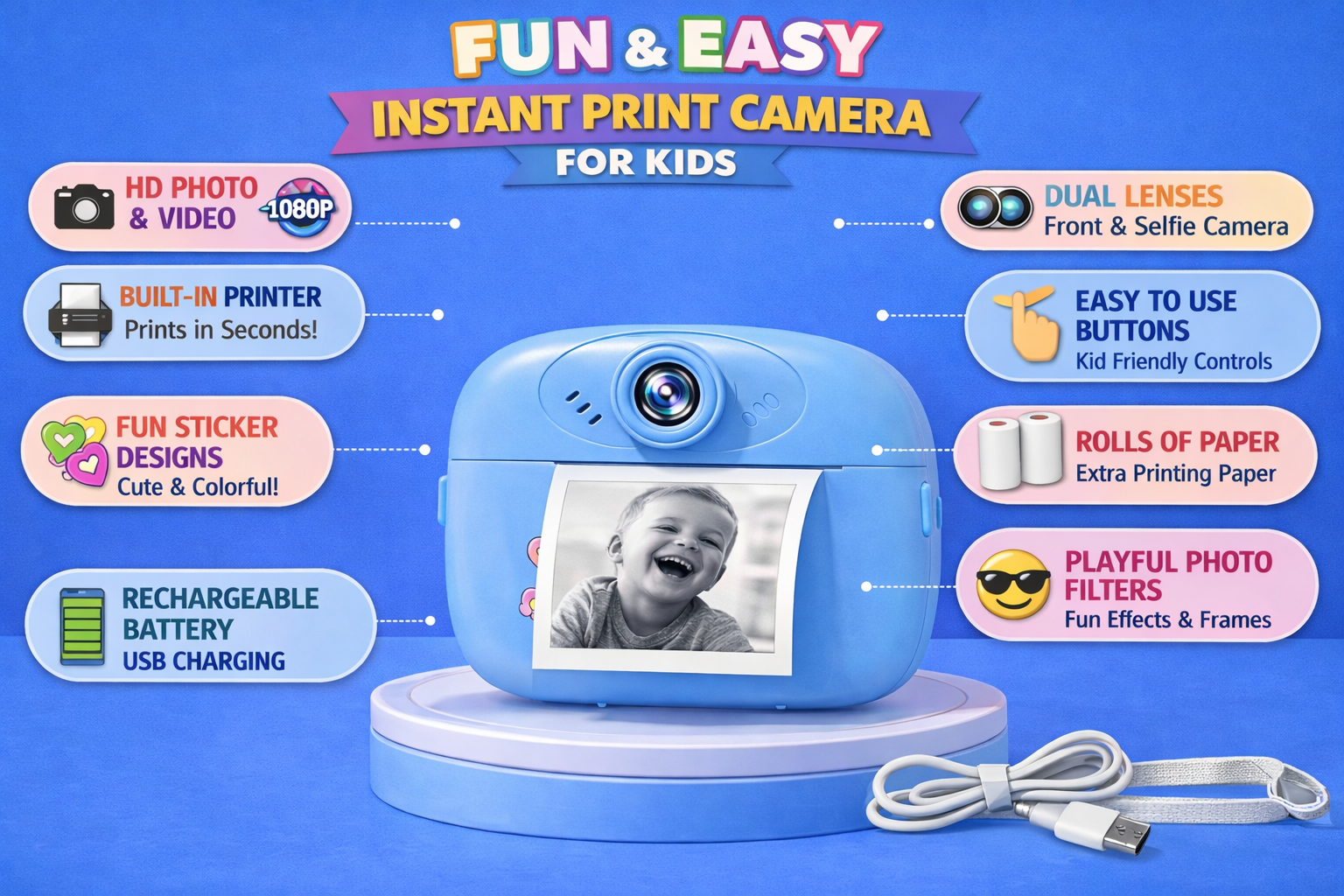 Camera for Kids Instant Print | HD Photo & Video Digital Camera with Thermal Printing | Rechargeable Kids Camera with Paper Rolls, Color Pens & Lanyard | Educational Toy Gift for Boys & Girls - Image 3