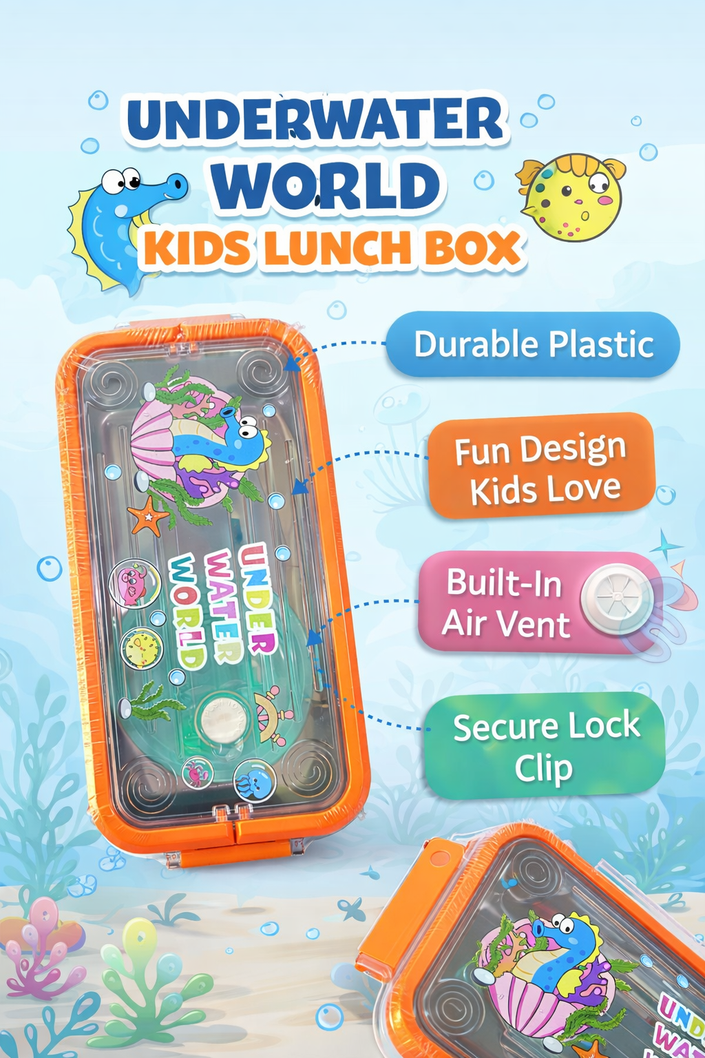 Kids Lunch Box with Spoon & Fork | Underwater Cartoon Design | Leakproof Plastic Tiffin Box for School Boys & Girls | BPA Free, Airtight Food Storage Container - Image 3