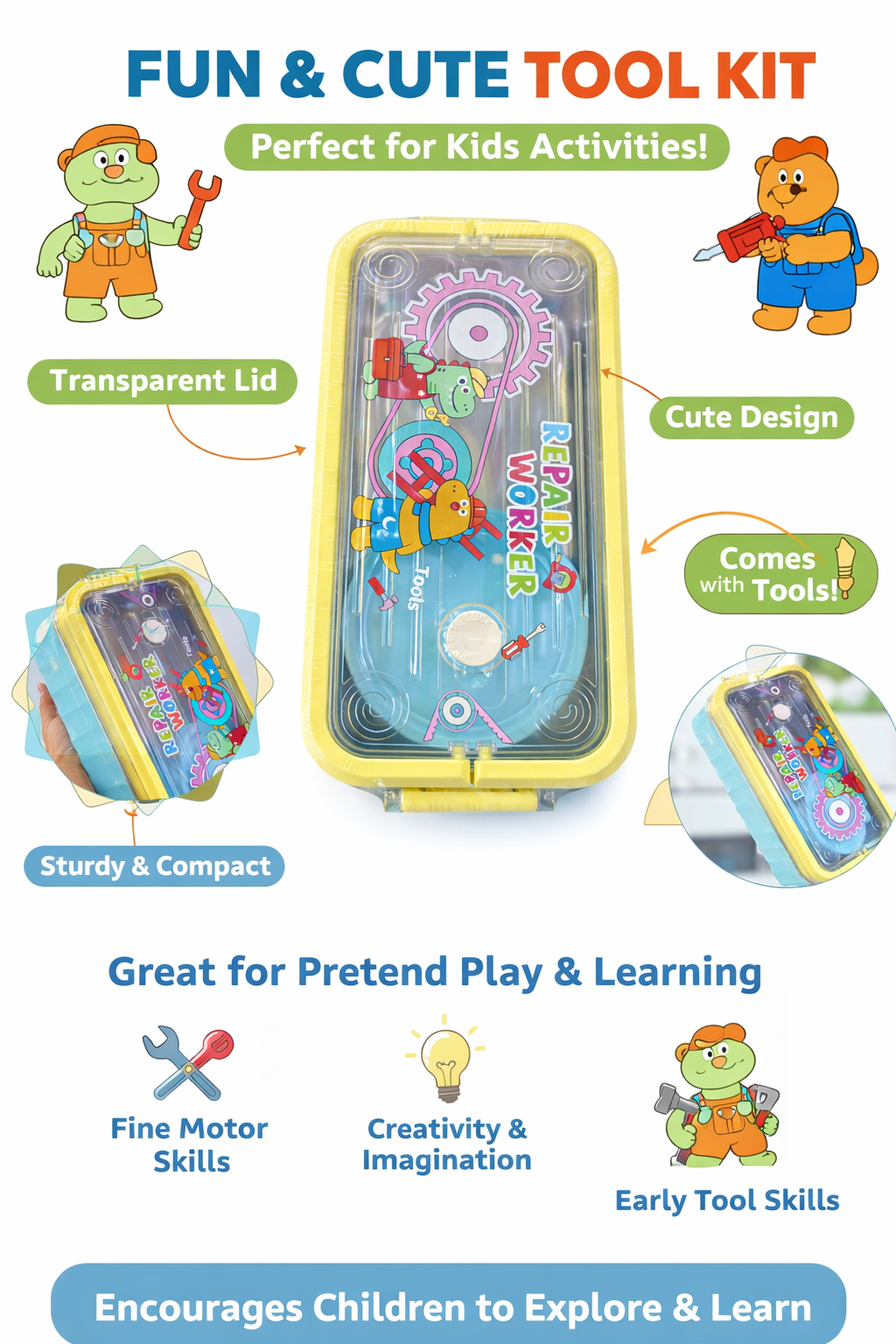 Kids Cartoon Lunch Box with Transparent Lid | Cute Repair Worker Design | Leakproof & Durable Tiffin Box for School Boys & Girls - Image 3