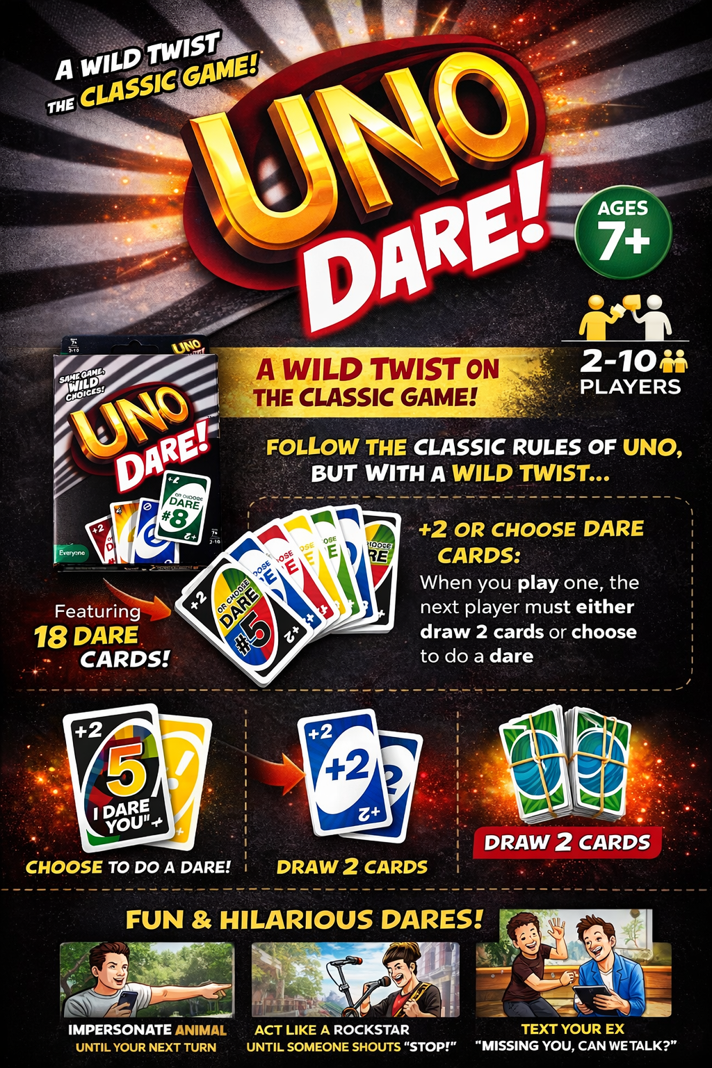 UNO Dare Card Game for Kids & Adults | Fun Party Game with Challenge Cards | Family Game Night | 2–10 Players | Age 7+ - Image 3