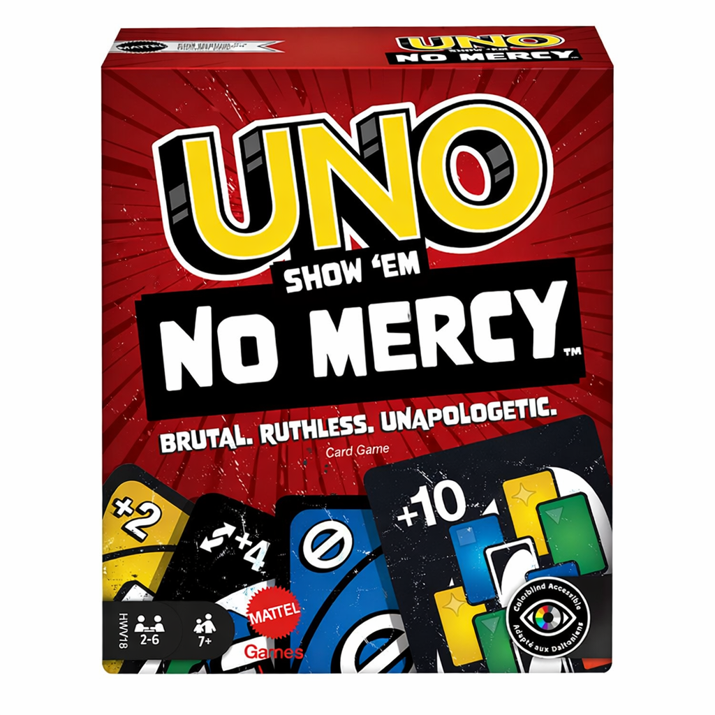 UNO Show 'Em No Mercy Card Game – Advanced UNO Deck with Action Cards, Family Party Game for Kids & Adults (2–6 Players, Age 7+)