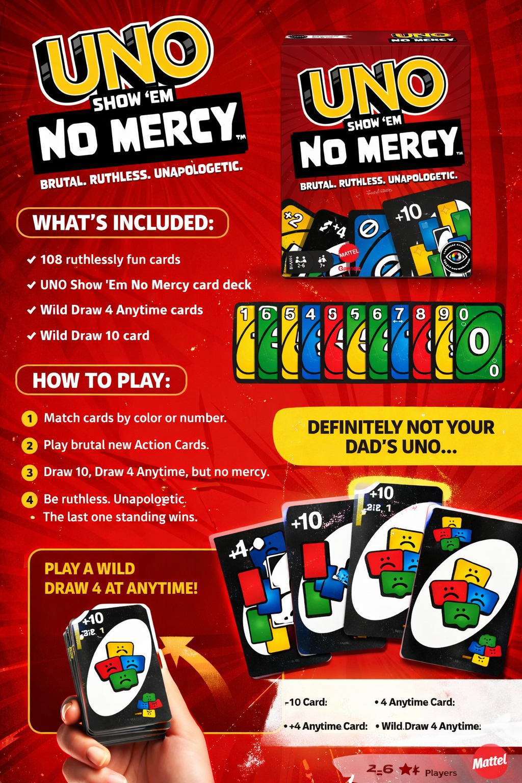 UNO Show 'Em No Mercy Card Game – Advanced UNO Deck with Action Cards, Family Party Game for Kids & Adults (2–6 Players, Age 7+) - Image 3