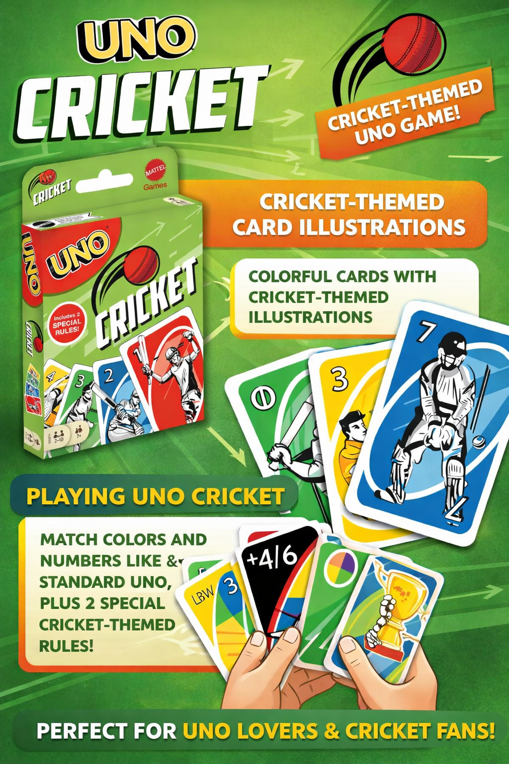 UNO Cricket Card Game for Kids & Family | Special Edition Cricket-Themed UNO Cards | 2–10 Players | Age 7+ | Fun Indoor Game - Image 3