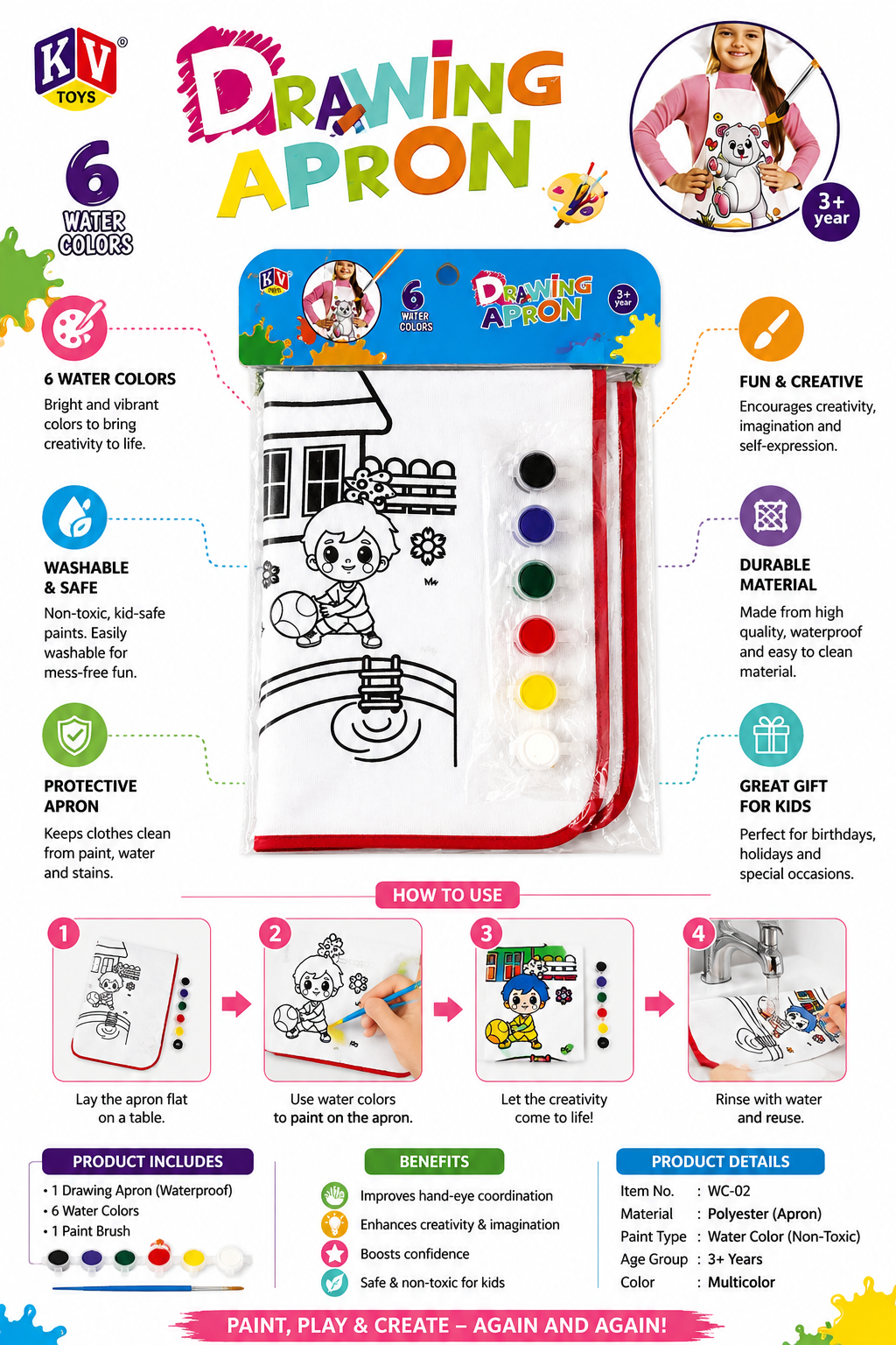Kids Drawing Apron Painting Kit with 6 Water Colors for Boys & Girls | Reusable Coloring Apron for Kids Age 3+ - Image 2