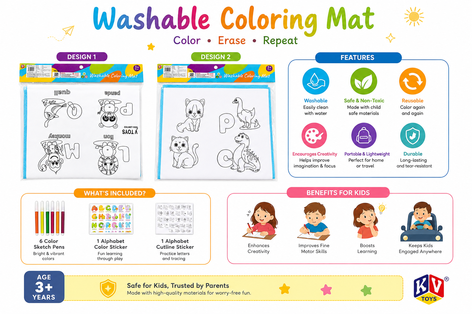 Washable Coloring Mat for Kids with Reusable Magic Pens | DIY Alphabet Drawing & Learning Mat for Boys & Girls Age 3+ - Image 3