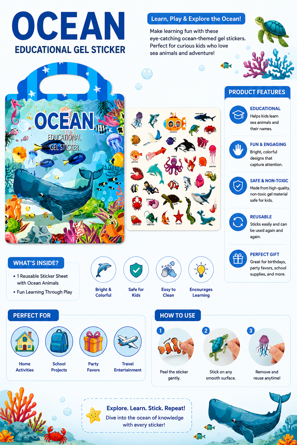 Ocean Educational Gel Sticker Book for Kids Reusable Sea Animal Learning Stickers Marine Life Activity Set Preschool Educational Toy - Image 3