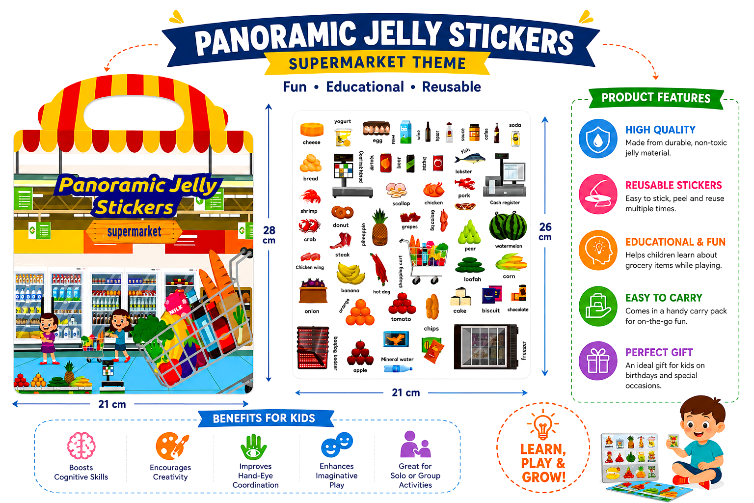 Panoramic Jelly Stickers Supermarket Theme Reusable Sticker Book for Kids | Educational Learning Activity Toy | Interactive Shopping Pretend Play Set for Boys & Girls Age 3+ - Image 3
